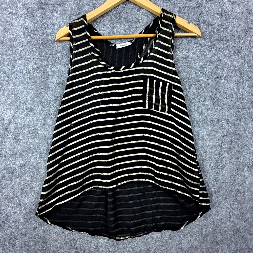 Vintage Y2K Teenbell Sheer Tank Top Womens Large Black Gold Striped Scoop Neck